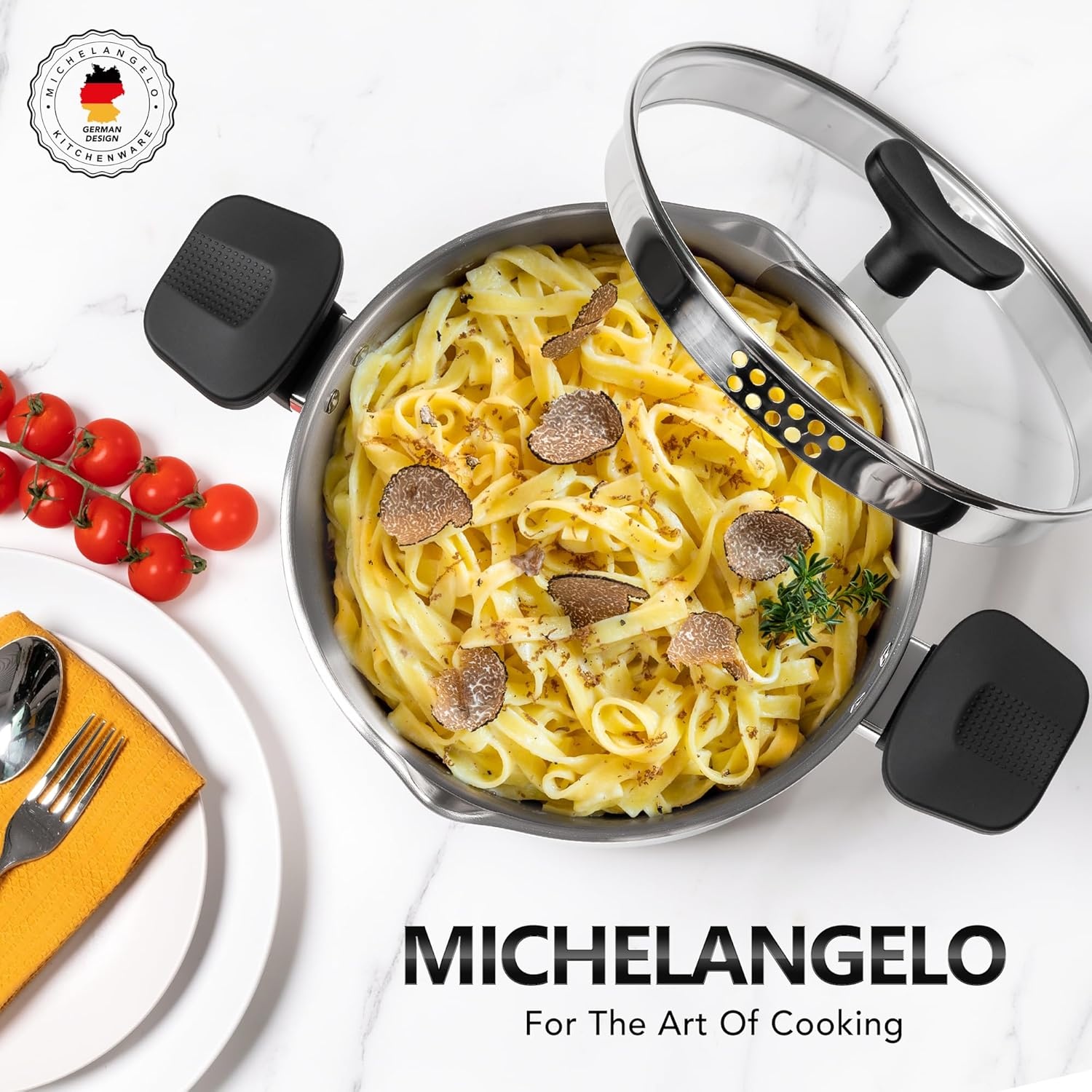 image:imageMICHELANGELO Stainless Steel Pasta Pot with Strainer Lid Pasta Cooker 6 Quart Induction Pot for All Cooktops 6 Qt Spaghetti Pots with Strainer Lid6 Quart