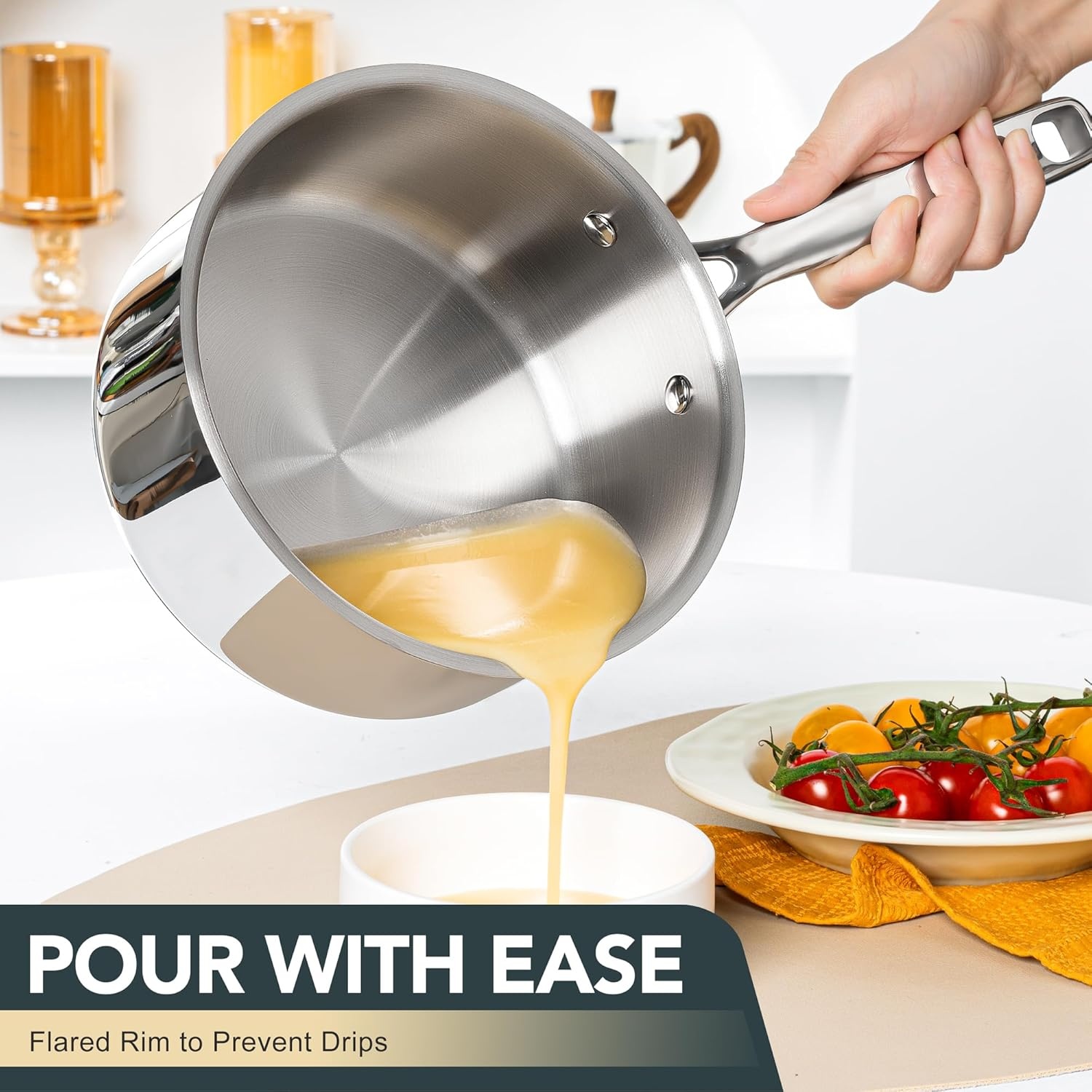 image:imageMICHELANGELO Stainless Steel Saucepan Set with Lid Premium Triply Stainless Steel Sauce Pan with Cool Handle Nonstick Sauce Pot Set for Kitchen Cooking Induction Compatible 1QT amp 2QT amp 3QT