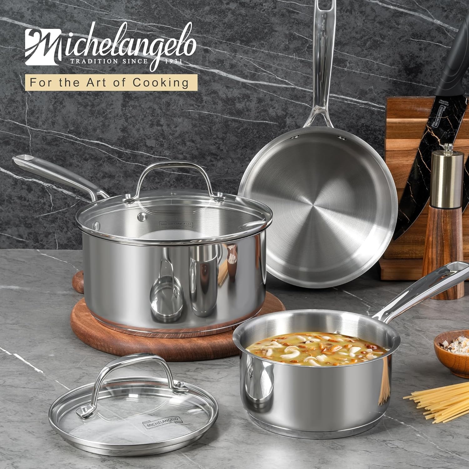 image:imageMICHELANGELO Stainless Steel Saucepan Set with Lid Premium Triply Stainless Steel Sauce Pan with Cool Handle Nonstick Sauce Pot Set for Kitchen Cooking Induction Compatible 1QT amp 2QT amp 3QT