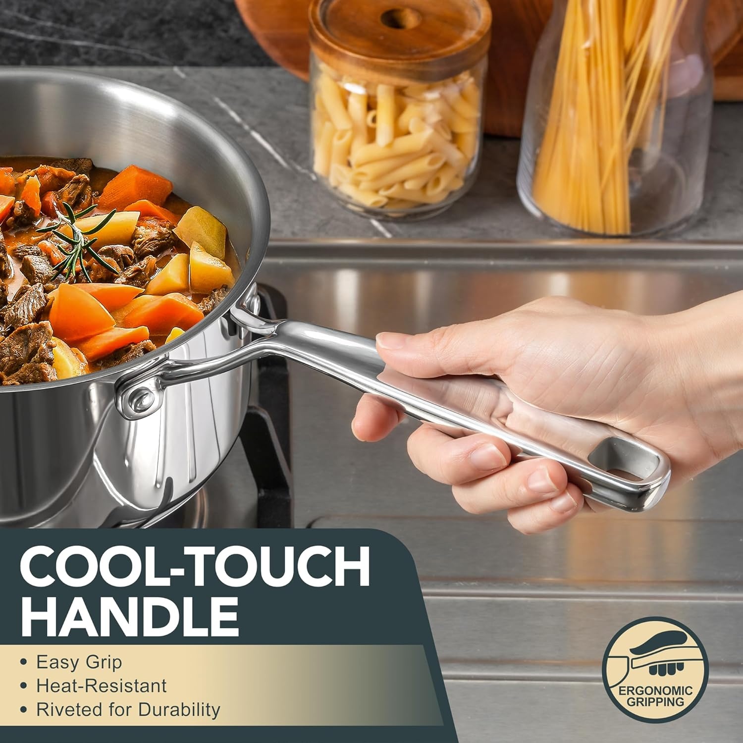 image:imageMICHELANGELO Stainless Steel Saucepan Set with Lid Premium Triply Stainless Steel Sauce Pan with Cool Handle Nonstick Sauce Pot Set for Kitchen Cooking Induction Compatible 1QT amp 2QT amp 3QT