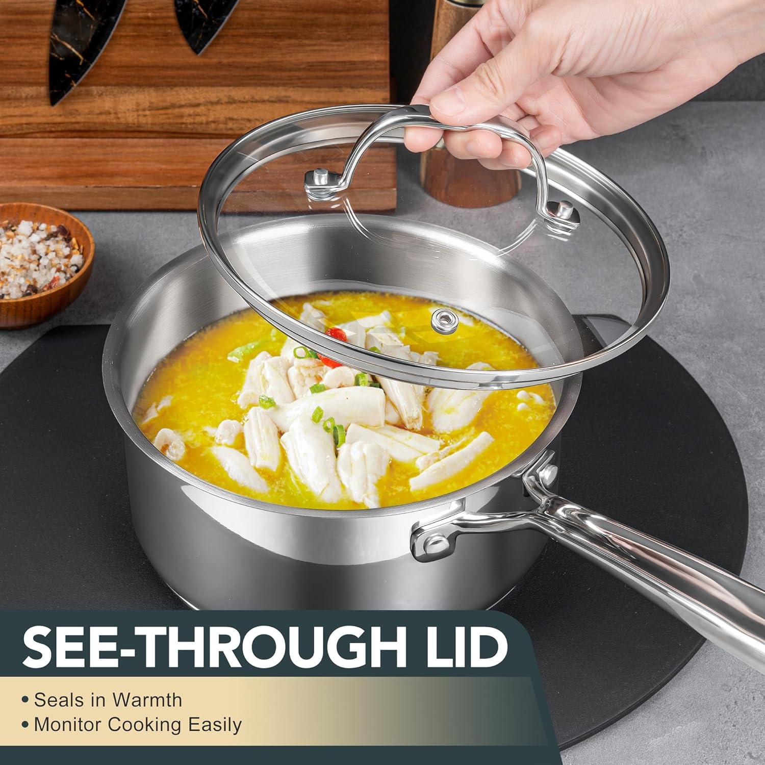 image:imageMICHELANGELO Stainless Steel Saucepan Set with Lid Premium Triply Stainless Steel Sauce Pan with Cool Handle Nonstick Sauce Pot Set for Kitchen Cooking Induction Compatible 1QT amp 2QT amp 3QT