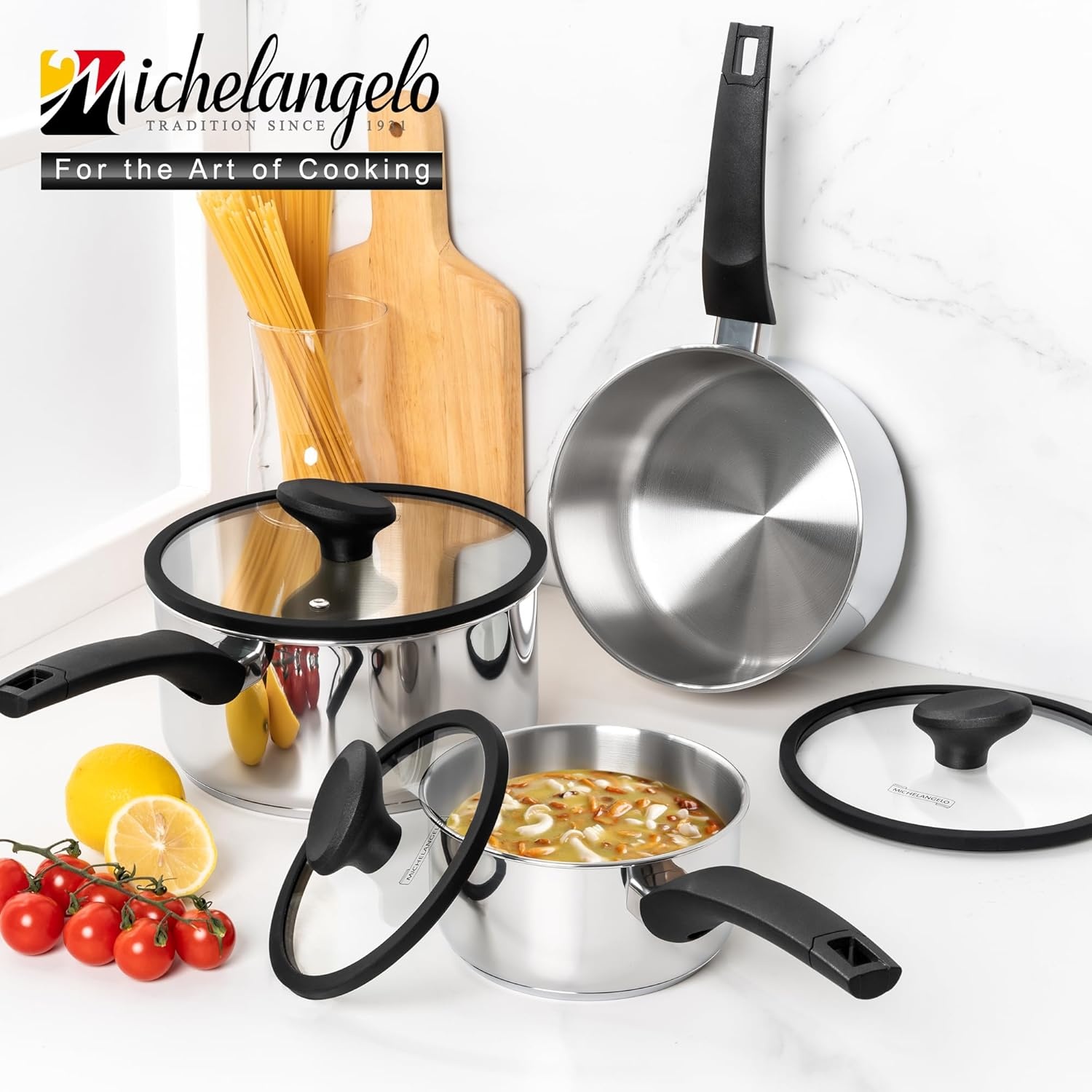 image:imageMICHELANGELO Stainless Steel Saucepan with Lid 1QT amp 2QT amp 3QT Triply Stainless Steel Saucepans with Bakelite Handle Premium Nonstick Sauce Pot Set for Kitchen Cooking Induction Compatible