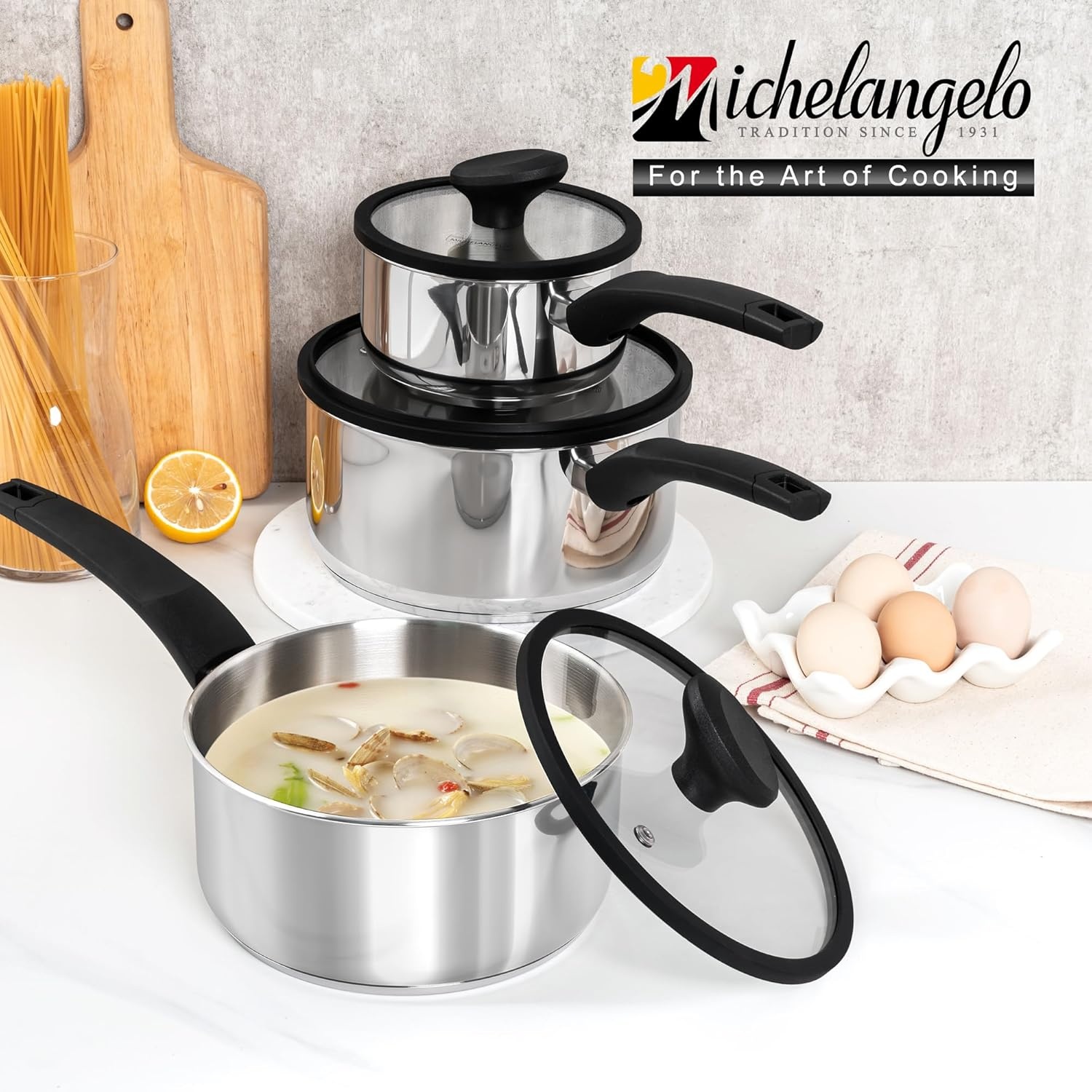 image:imageMICHELANGELO Stainless Steel Saucepan with Lid 1QT amp 2QT amp 3QT Triply Stainless Steel Saucepans with Bakelite Handle Premium Nonstick Sauce Pot Set for Kitchen Cooking Induction Compatible