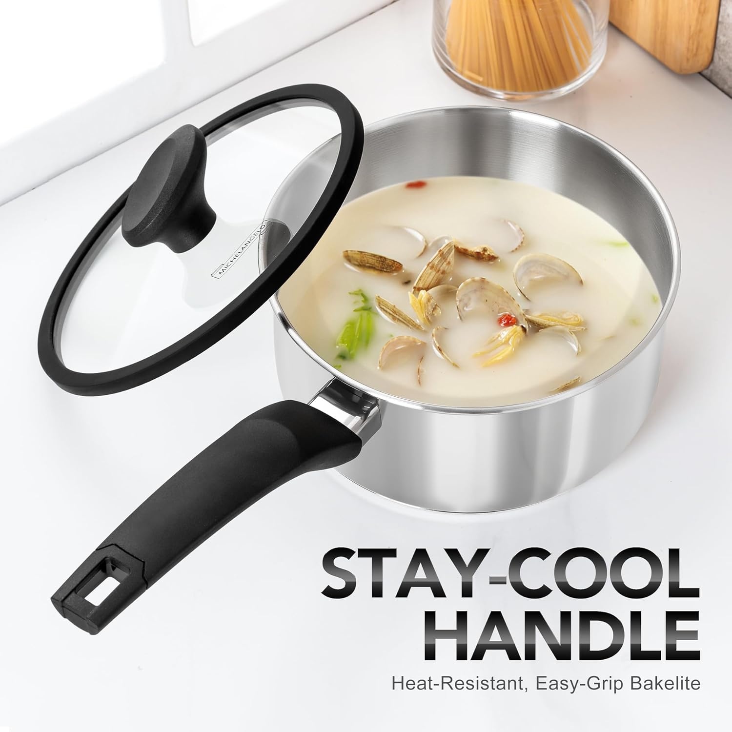 image:imageMICHELANGELO Stainless Steel Saucepan with Lid 1QT amp 2QT amp 3QT Triply Stainless Steel Saucepans with Bakelite Handle Premium Nonstick Sauce Pot Set for Kitchen Cooking Induction Compatible