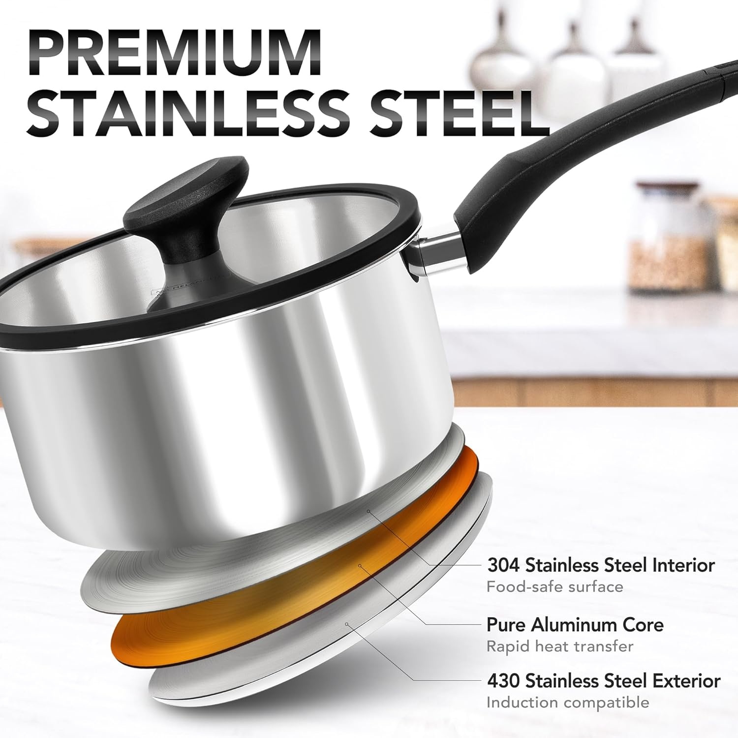 image:imageMICHELANGELO Stainless Steel Saucepan with Lid 1QT amp 2QT amp 3QT Triply Stainless Steel Saucepans with Bakelite Handle Premium Nonstick Sauce Pot Set for Kitchen Cooking Induction Compatible