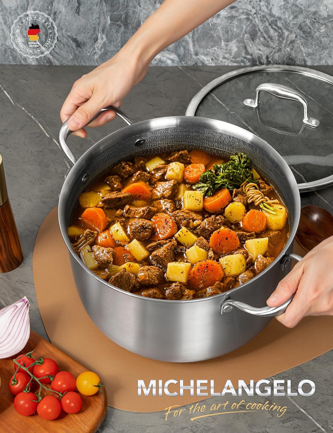 image:imageMICHELANGELO Triply Stainless Steel Stock Pot with Lid 6 Quart Nonstick Cooking Pot with Honeycomb Interior Heavy Duty Stockpot Compatible with All Cooktops8Quart