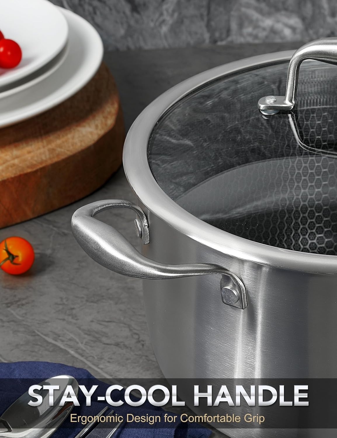 image:imageMICHELANGELO Triply Stainless Steel Stock Pot with Lid 6 Quart Nonstick Cooking Pot with Honeycomb Interior Heavy Duty Stockpot Compatible with All Cooktops8Quart