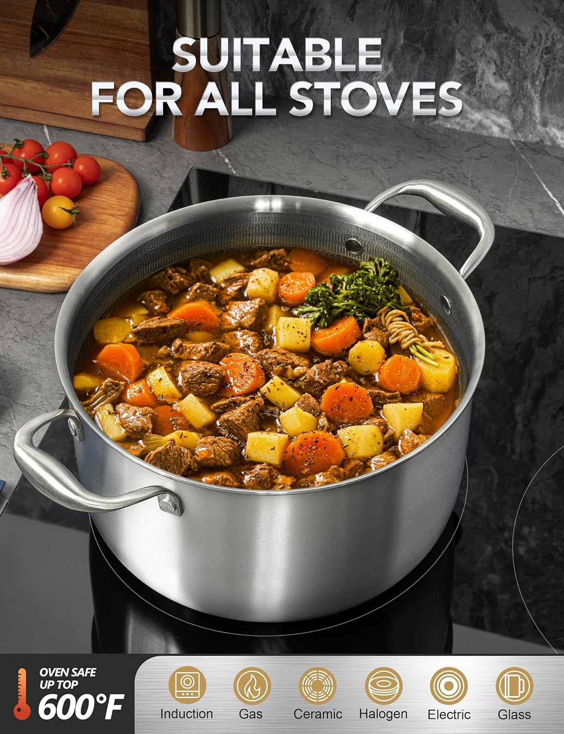 image:imageMICHELANGELO Triply Stainless Steel Stock Pot with Lid 6 Quart Nonstick Cooking Pot with Honeycomb Interior Heavy Duty Stockpot Compatible with All Cooktops8Quart