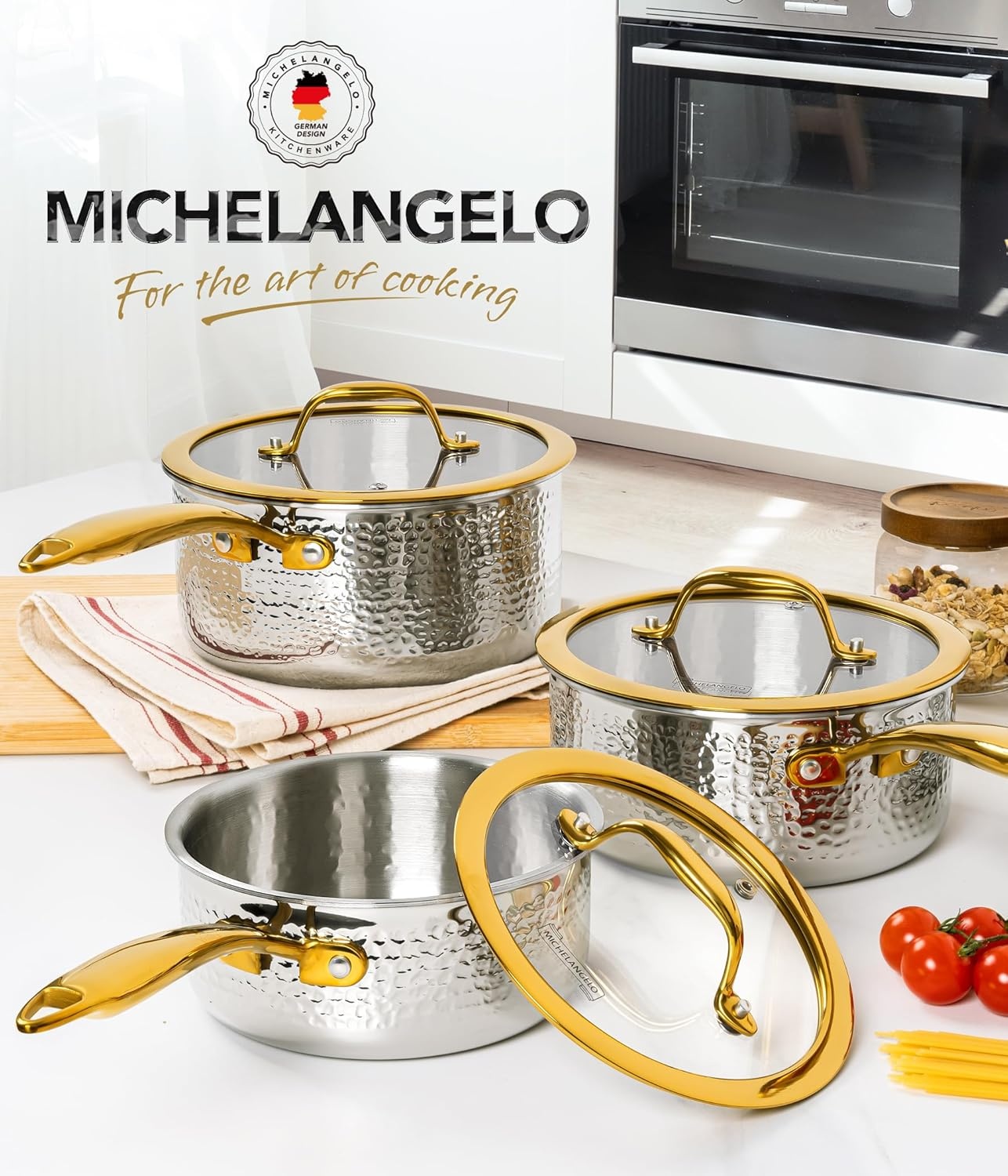 image:imageMichelangelo Triply Stainless Steel Saucepan Set Luxury Hammered Stainless Steel Sauce Pans with Golden Handle Premium Sauce Pot Set Induction Compatible1523 QT
