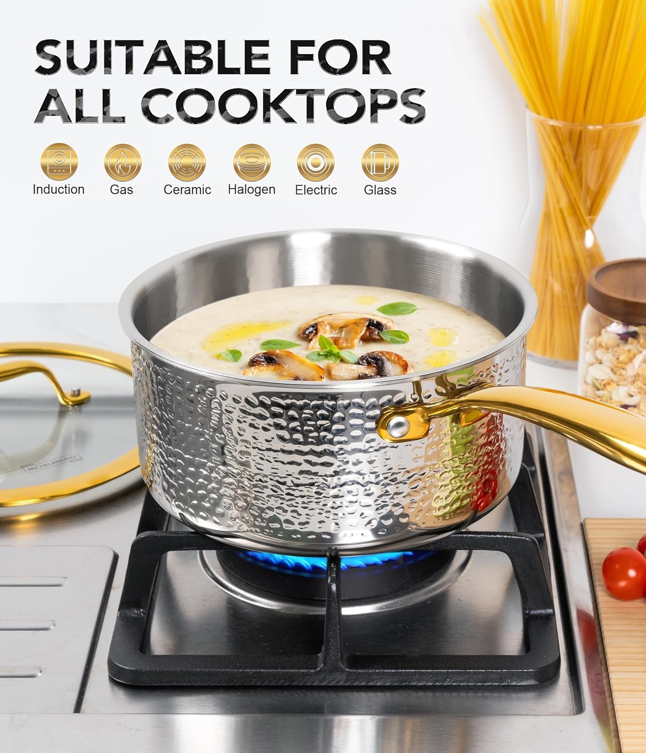 image:imageMichelangelo Triply Stainless Steel Saucepan Set Luxury Hammered Stainless Steel Sauce Pans with Golden Handle Premium Sauce Pot Set Induction Compatible1523 QT