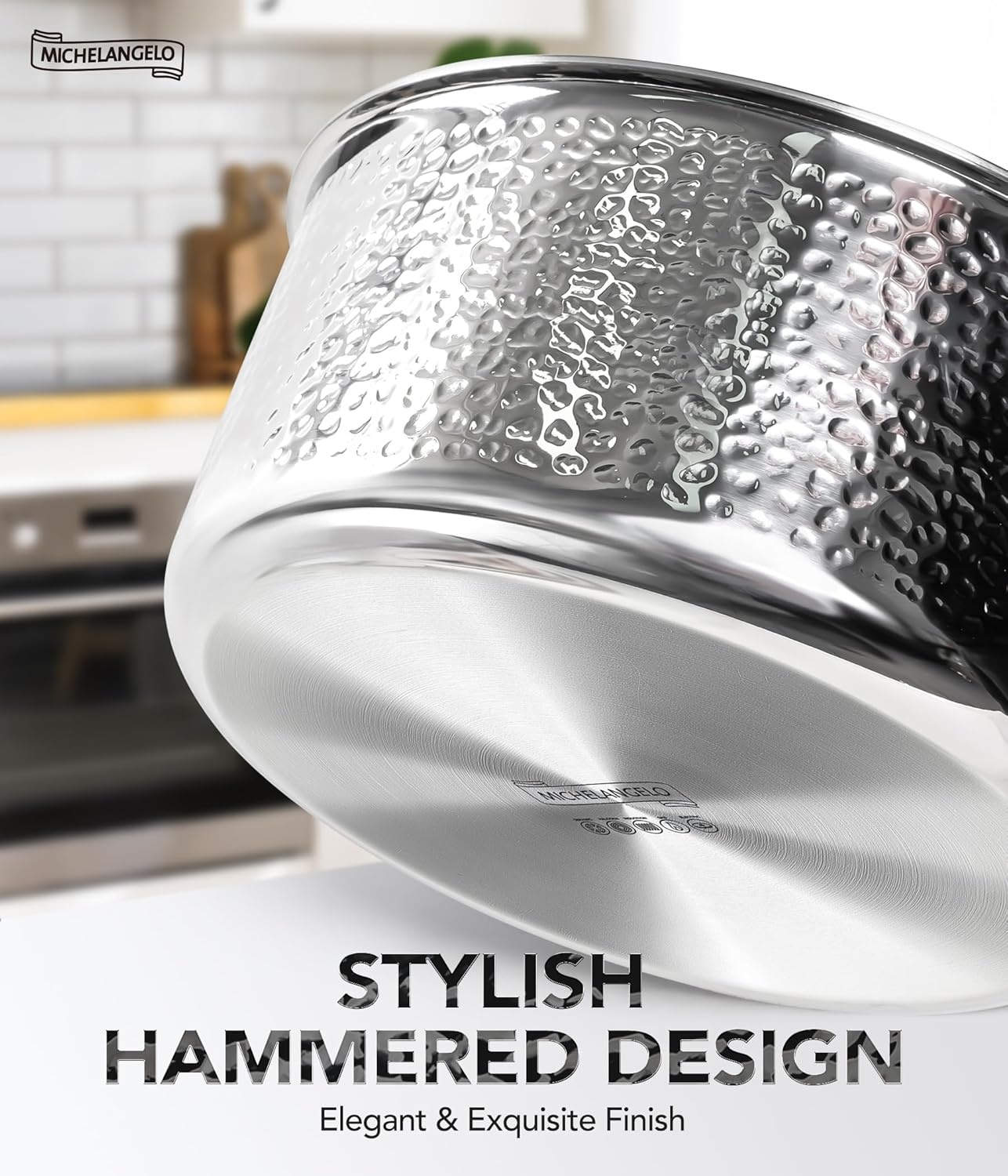 image:imageMichelangelo Triply Stainless Steel Saucepan Set Luxury Hammered Stainless Steel Sauce Pans with Golden Handle Premium Sauce Pot Set Induction Compatible1523 QT