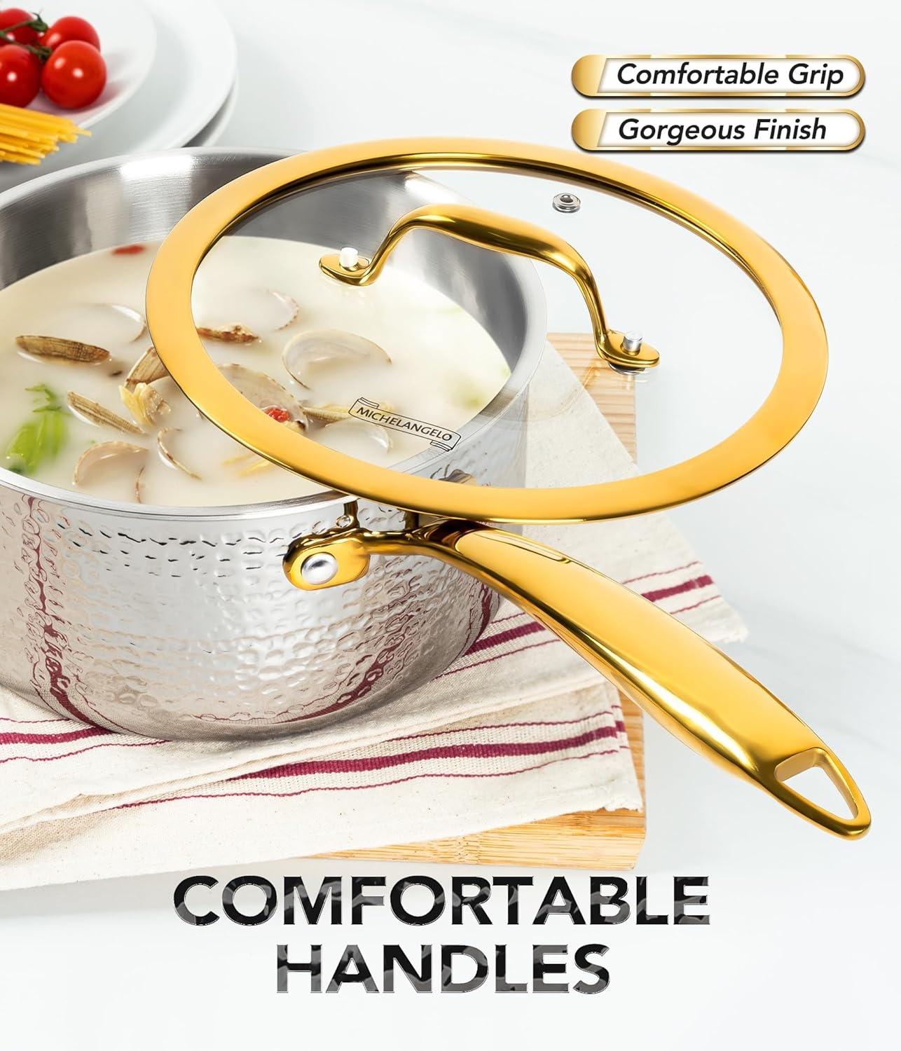 image:imageMichelangelo Triply Stainless Steel Saucepan Set Luxury Hammered Stainless Steel Sauce Pans with Golden Handle Premium Sauce Pot Set Induction Compatible1523 QT