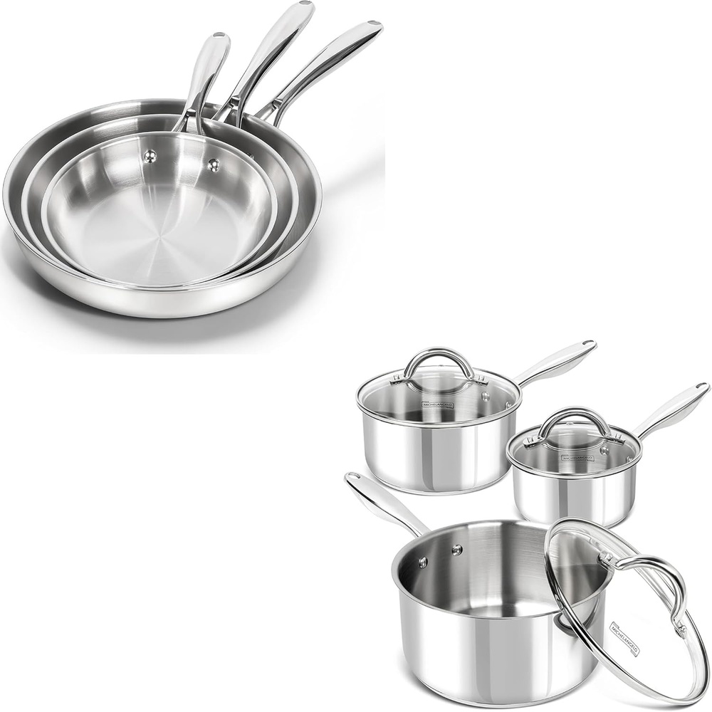 image:imageMICHELANGELO 1810 Stainless Steel Frying Pan Set 8 95 11 Cooking Pans Saucepan Set 6pc 1810 Stainless Steel Sauce Pan with Lid 1QT amp 2QT amp3QT