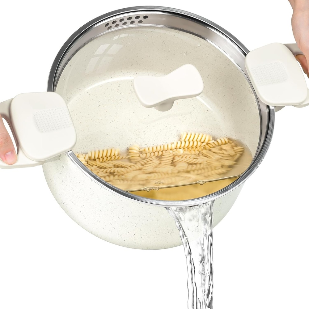 image:imageMICHELANGELO Pasta Pot with Strainer Lid 6 Quart Cooking Pot with Lid Non Stick Spaghetti Pot Ceramic Coated with Twist and Lock Handles for Easy Draining Induction Compatible Roden GreenWhite