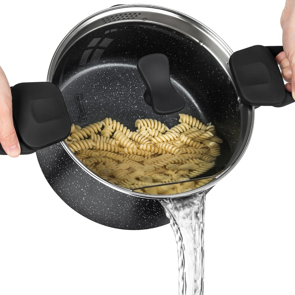 image:imageMICHELANGELO Pasta Pot with Strainer Lid 6 Quart Cooking Pot with Lid Non Stick Spaghetti Pot Ceramic Coated with Twist and Lock Handles for Easy Draining Induction Compatible Roden GreenBlack