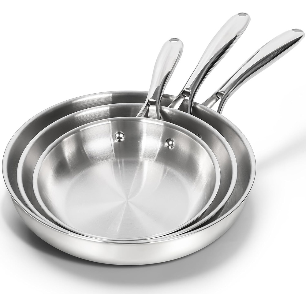 image:imageMICHELANGELO Stainless Steel Frying Pan Set 8 10 Cooking Pan set with Triply Base Stainless Steel Skillet with Ergonomic Handle Induction CompatibleSilver