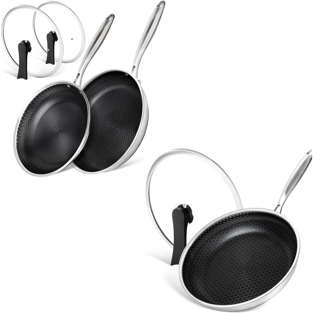image:imageMICHELANGELO Stainless Steel Frying Pan with Lid Triply Stainless Steel 8 Inch Frying Pan with Nonstick Honeycomb Coating Small Frying Pan Steel Fry Pan with Lid Induction Compatible 895 amp 12
