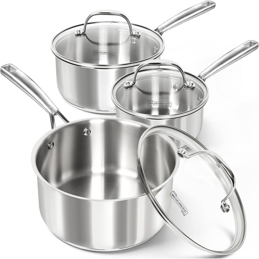 image:imageMICHELANGELO Stainless Steel Saucepan Set with Lid Premium Triply Stainless Steel Sauce Pan with Cool Handle Nonstick Sauce Pot Set for Kitchen Cooking Induction Compatible 1QT amp 2QT amp 3QT