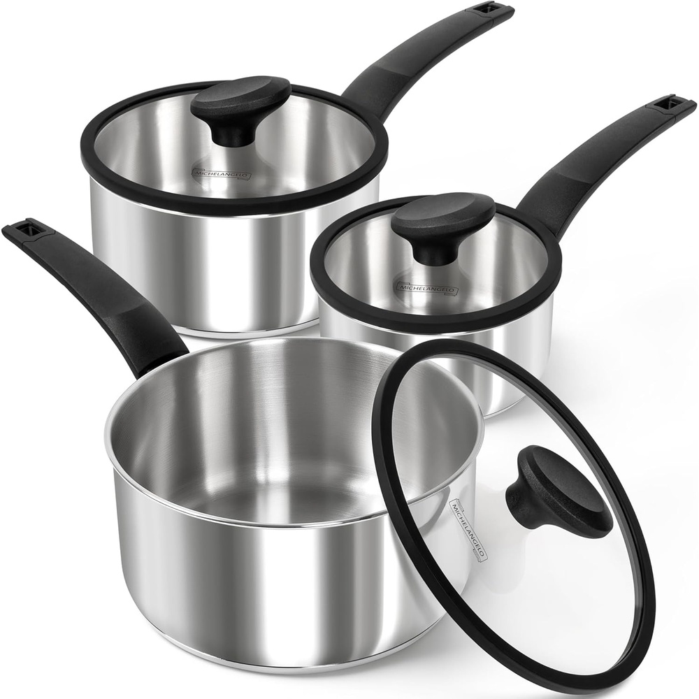 image:imageMICHELANGELO Stainless Steel Saucepan with Lid 1QT amp 2QT amp 3QT Triply Stainless Steel Saucepans with Bakelite Handle Premium Nonstick Sauce Pot Set for Kitchen Cooking Induction Compatible