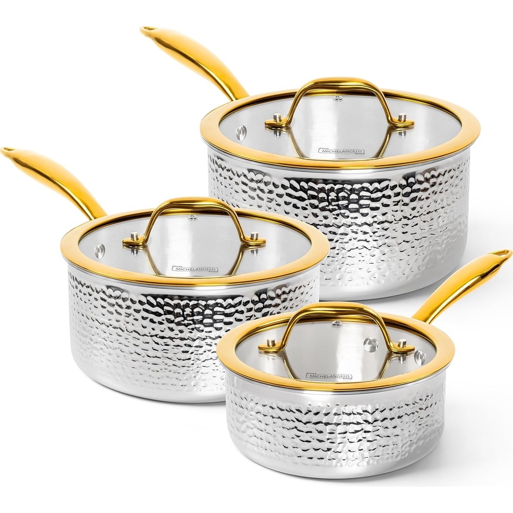 image:imageMichelangelo Triply Stainless Steel Saucepan Set Luxury Hammered Stainless Steel Sauce Pans with Golden Handle Premium Sauce Pot Set Induction Compatible1523 QT
