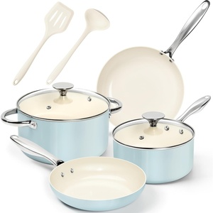 image:imageMICHELANGELO Pots and Pans Set Non Stick  Titanium Cookware Set Non Toxic Ceramic Coating 8Pcs Nonstick Pots and Pans with Ergonomic Handle Dishwasher Safe amp Induction Compatible CreamBlue