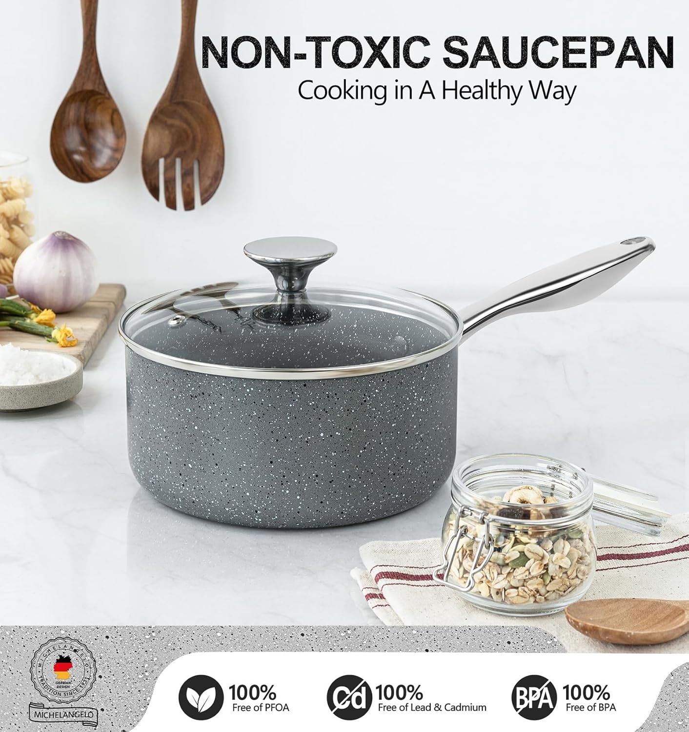 image:imageMICHELANGELO 2 Quart Saucepan with Lid Nonstick Sauce Pan with Healthy Coating Granite Sauce Pan with Stainless Steel Handle 2 Qt Saucepan Induction Compatible Gray12 3 Quarts