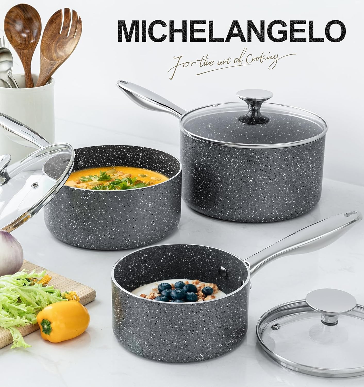 image:imageMICHELANGELO 2 Quart Saucepan with Lid Nonstick Sauce Pan with Healthy Coating Granite Sauce Pan with Stainless Steel Handle 2 Qt Saucepan Induction Compatible Gray12 3 Quarts