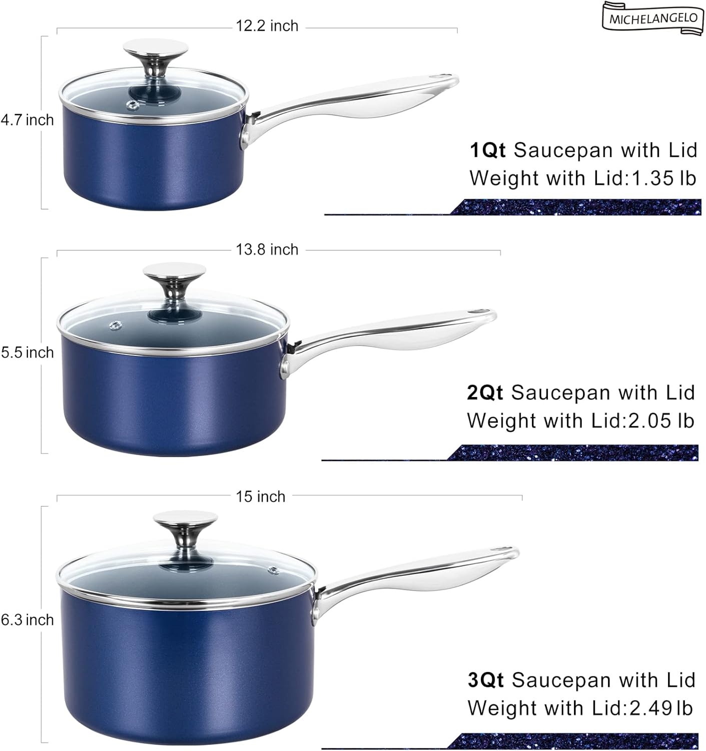 image:imageMICHELANGELO 4 Quart Saucepan with Lid Nonstick Ceramic Sauce Pan with Stainless Steel Handle 4 Qt Saucepan with Lid Induction Compatible Oven Safe BlueBlue