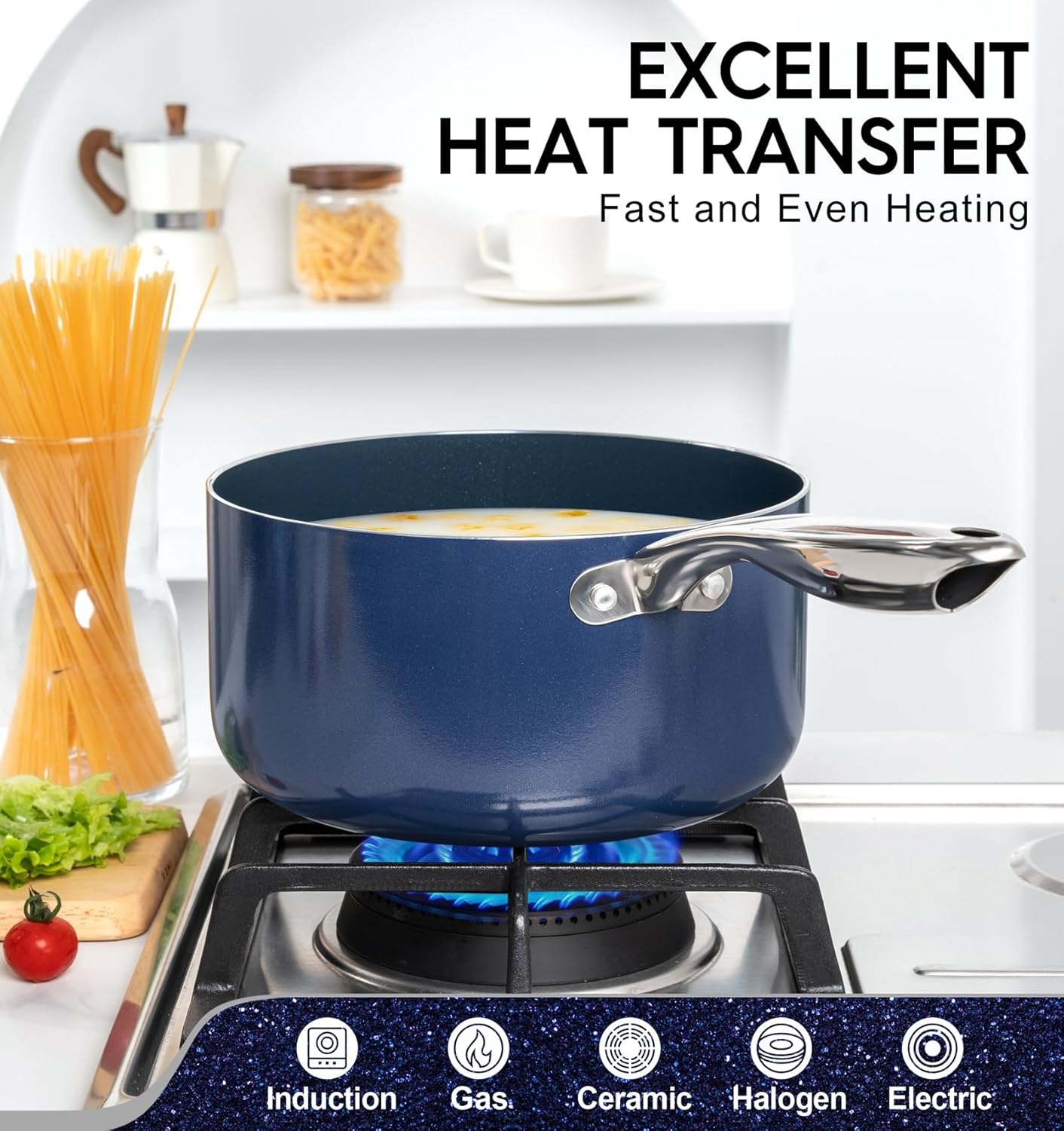 image:imageMICHELANGELO 4 Quart Saucepan with Lid Nonstick Ceramic Sauce Pan with Stainless Steel Handle 4 Qt Saucepan with Lid Induction Compatible Oven Safe BlueBlue