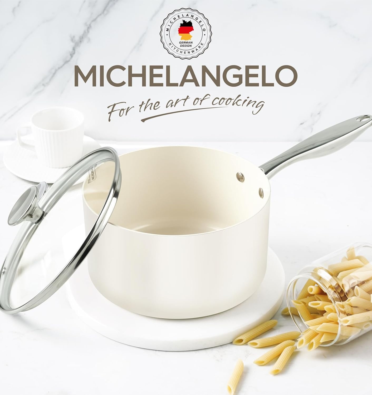image:imageMICHELANGELO 4 Quart Saucepan with Lid Nonstick Ceramic Sauce Pan with Stainless Steel Handle 4 Qt Saucepan with Lid Induction Compatible Oven Safe BlueWhite