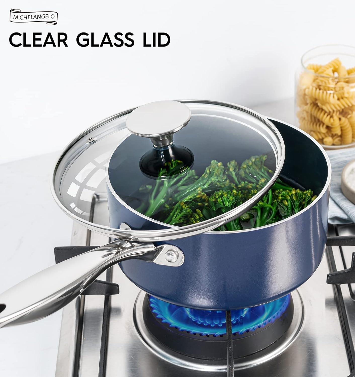 image:imageMICHELANGELO 4 Quart Saucepan with Lid Nonstick Ceramic Sauce Pan with Stainless Steel Handle 4 Qt Saucepan with Lid Induction Compatible Oven Safe BlueBlue