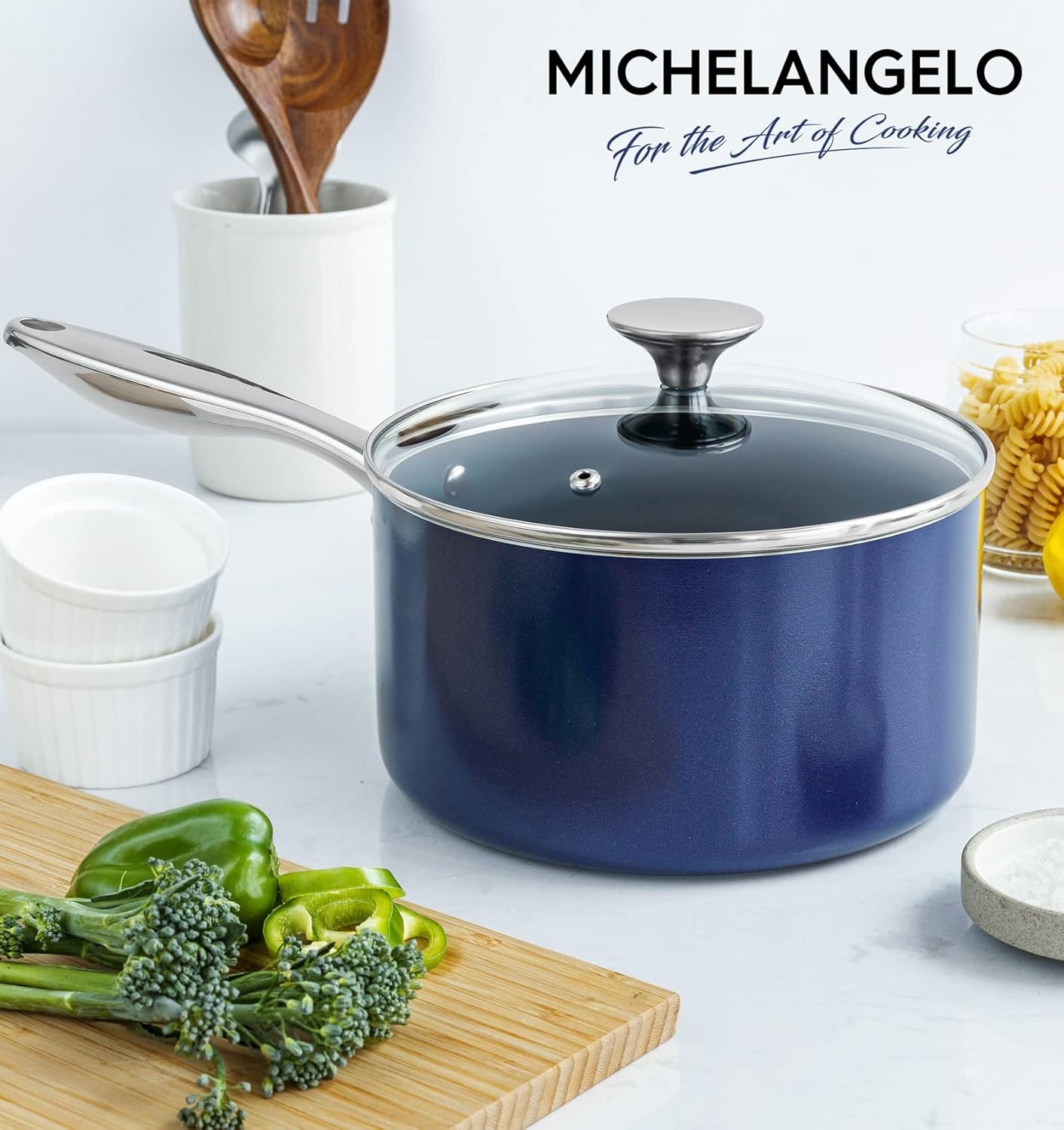 image:imageMICHELANGELO 4 Quart Saucepan with Lid Nonstick Ceramic Sauce Pan with Stainless Steel Handle 4 Qt Saucepan with Lid Induction Compatible Oven Safe BlueBlue