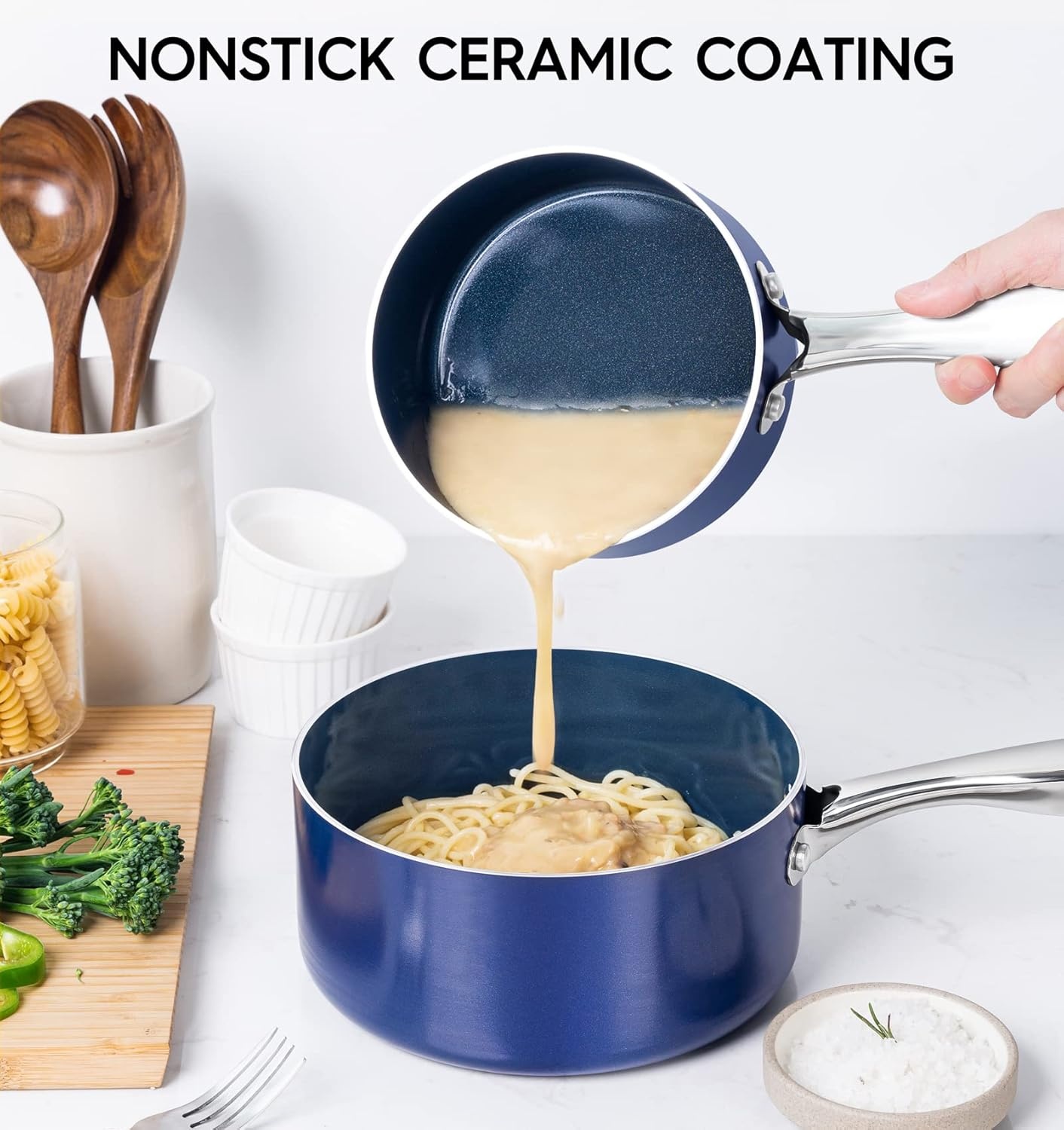 image:imageMICHELANGELO 4 Quart Saucepan with Lid Nonstick Ceramic Sauce Pan with Stainless Steel Handle 4 Qt Saucepan with Lid Induction Compatible Oven Safe BlueBlue
