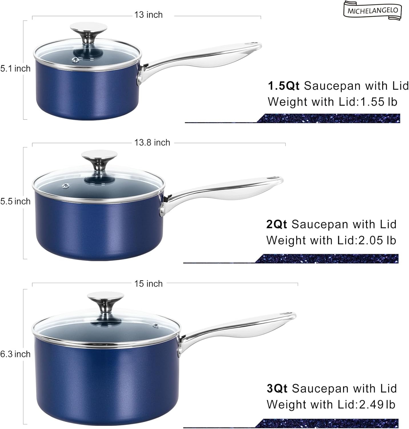 image:imageMICHELANGELO 4 Quart Saucepan with Lid Nonstick Ceramic Sauce Pan with Stainless Steel Handle 4 Qt Saucepan with Lid Induction Compatible Oven Safe BlueBlue
