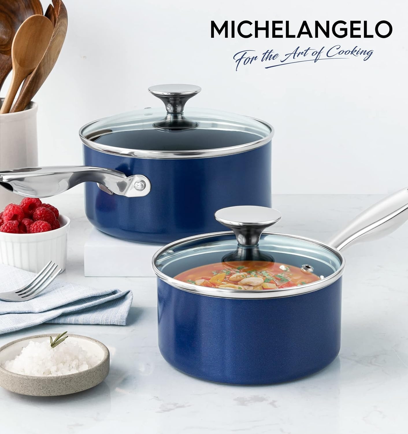 image:imageMICHELANGELO 4 Quart Saucepan with Lid Nonstick Ceramic Sauce Pan with Stainless Steel Handle 4 Qt Saucepan with Lid Induction Compatible Oven Safe BlueBlue