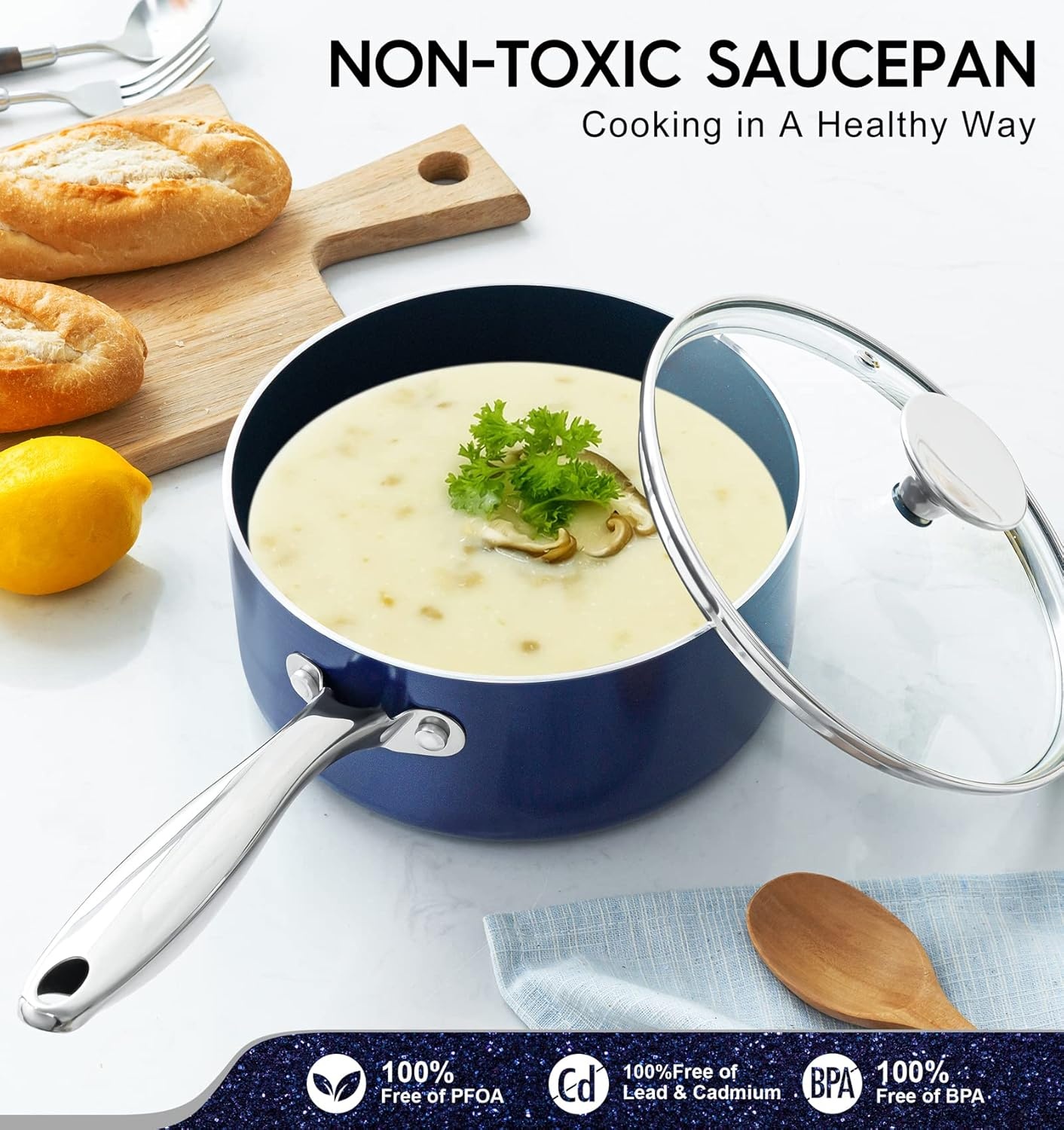 image:imageMICHELANGELO 4 Quart Saucepan with Lid Nonstick Ceramic Sauce Pan with Stainless Steel Handle 4 Qt Saucepan with Lid Induction Compatible Oven Safe BlueBlue