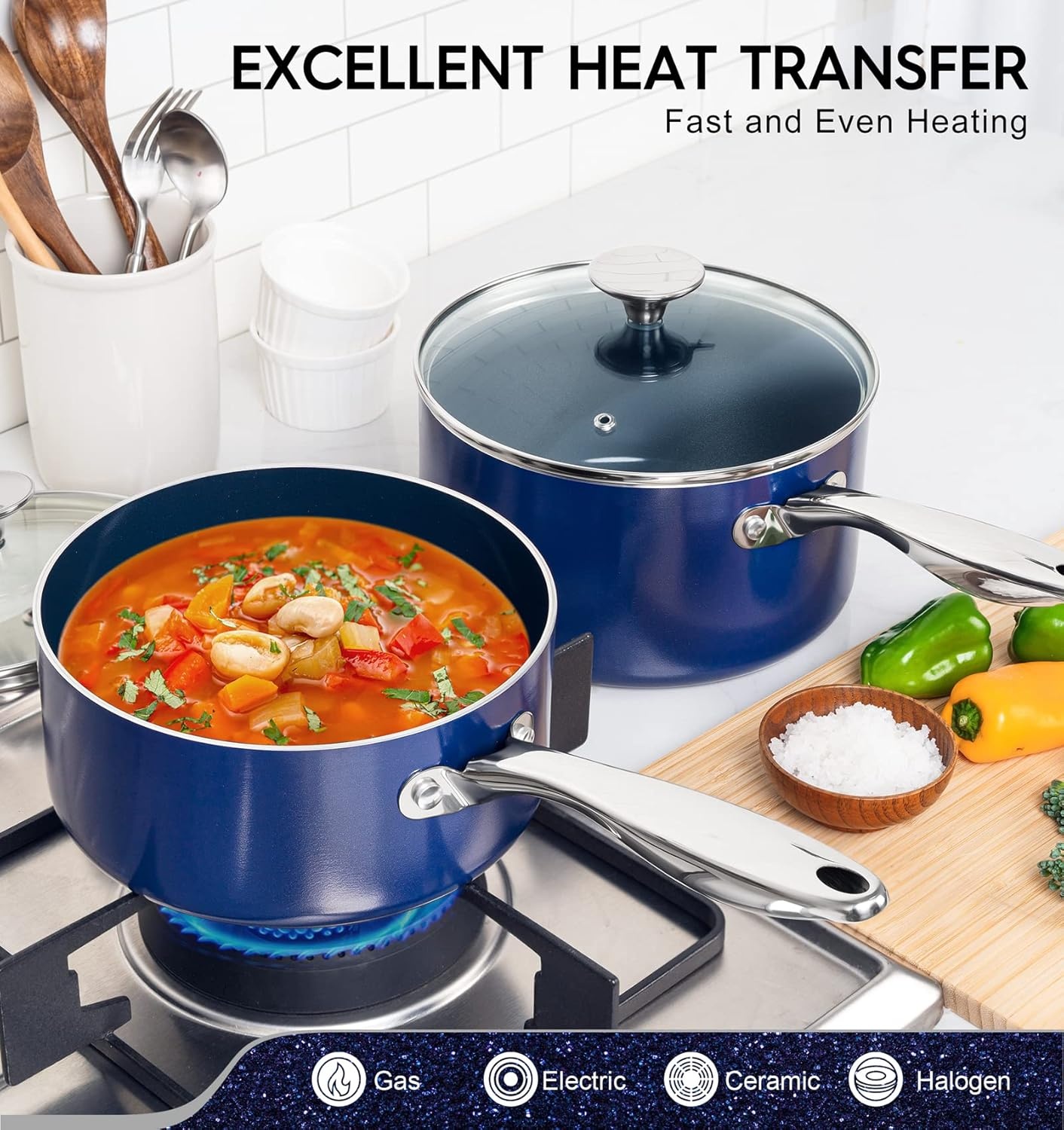 image:imageMICHELANGELO 4 Quart Saucepan with Lid Nonstick Ceramic Sauce Pan with Stainless Steel Handle 4 Qt Saucepan with Lid Induction Compatible Oven Safe BlueBlue