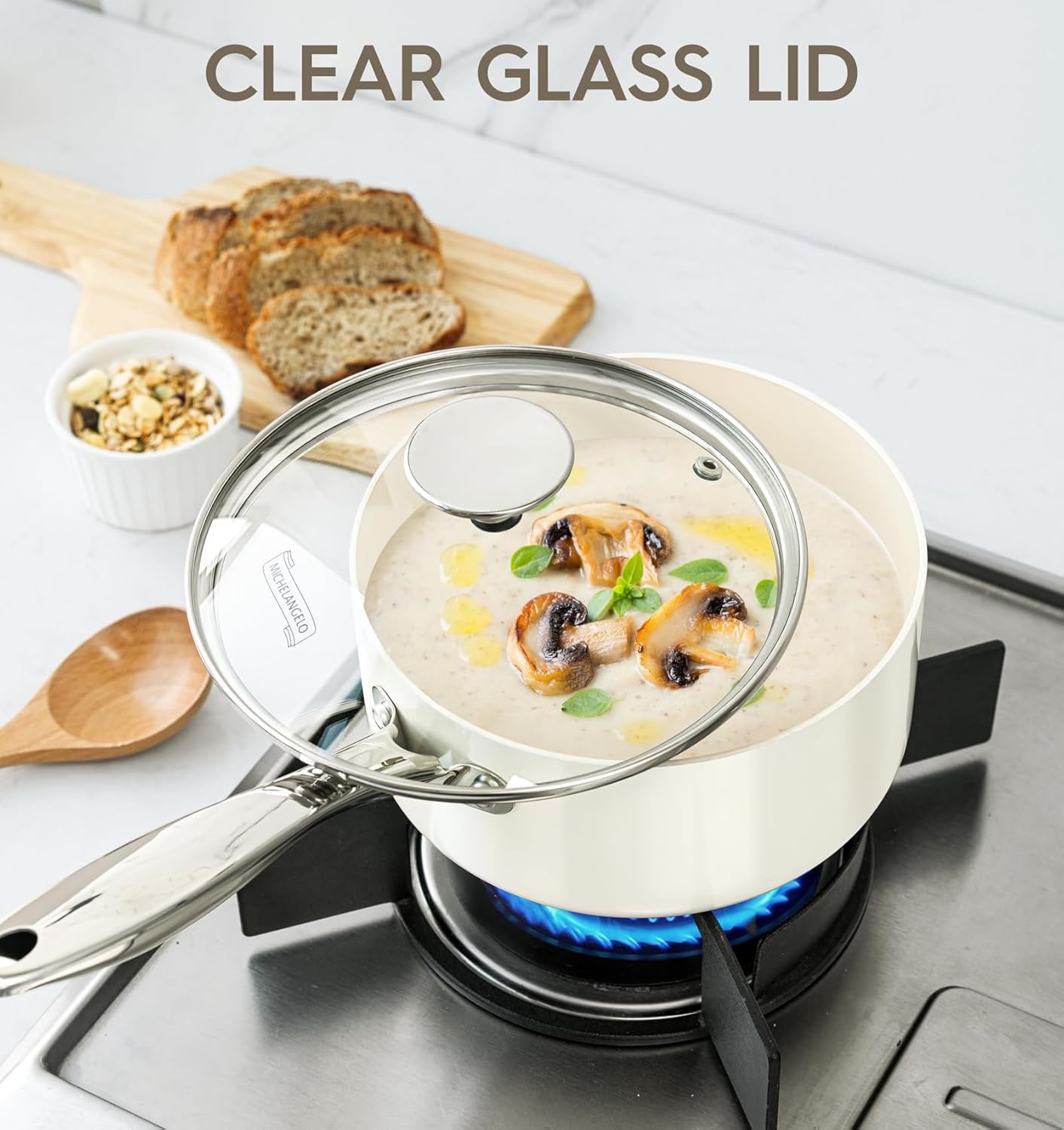image:imageMICHELANGELO 4 Quart Saucepan with Lid Nonstick Ceramic Sauce Pan with Stainless Steel Handle 4 Qt Saucepan with Lid Induction Compatible Oven Safe BlueWhite
