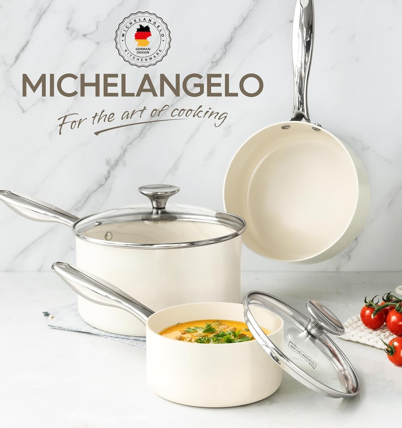 image:imageMICHELANGELO 4 Quart Saucepan with Lid Nonstick Ceramic Sauce Pan with Stainless Steel Handle 4 Qt Saucepan with Lid Induction Compatible Oven Safe BlueWhite