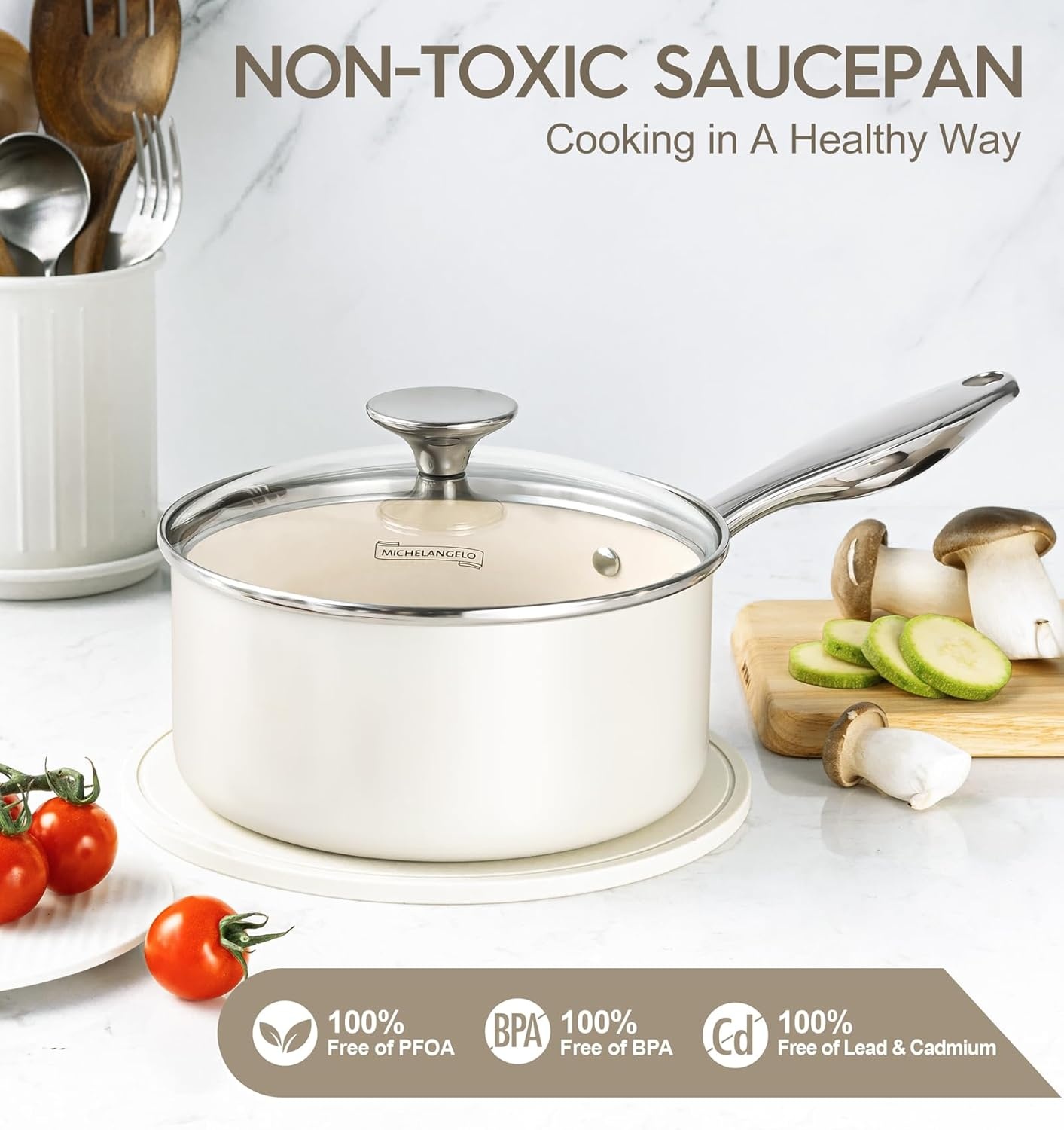 image:imageMICHELANGELO 4 Quart Saucepan with Lid Nonstick Ceramic Sauce Pan with Stainless Steel Handle 4 Qt Saucepan with Lid Induction Compatible Oven Safe BlueWhite