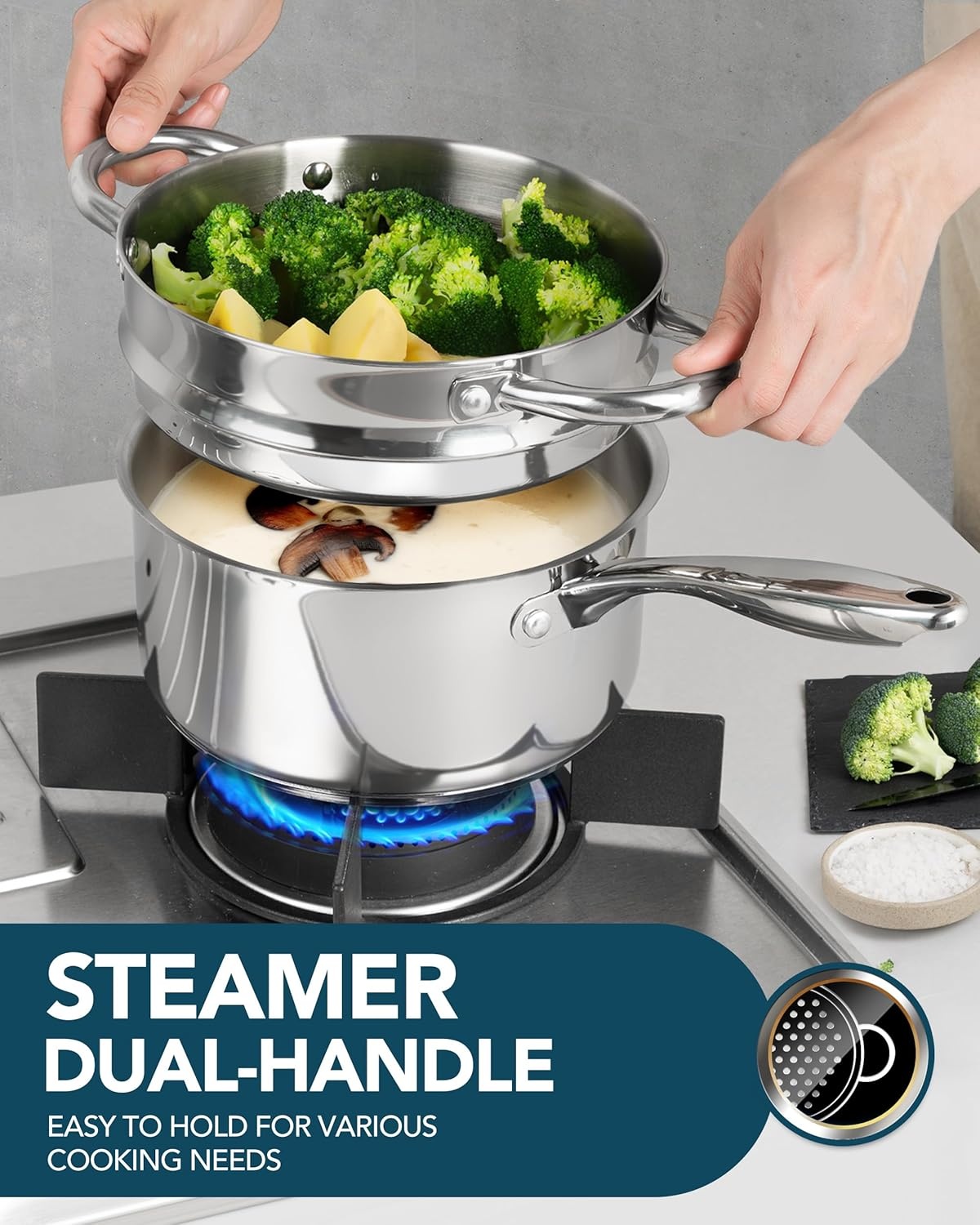 image:imageMICHELANGELO Saucepans with Lids amp Steamer 7Pcs Stainless Steel Pot Set with Triply Bottom 3 Quart Saucepan with Steamer 1810 Saucepan Set Induction Compatible 1QT amp 2QT amp 3QT1QT2QT3QT