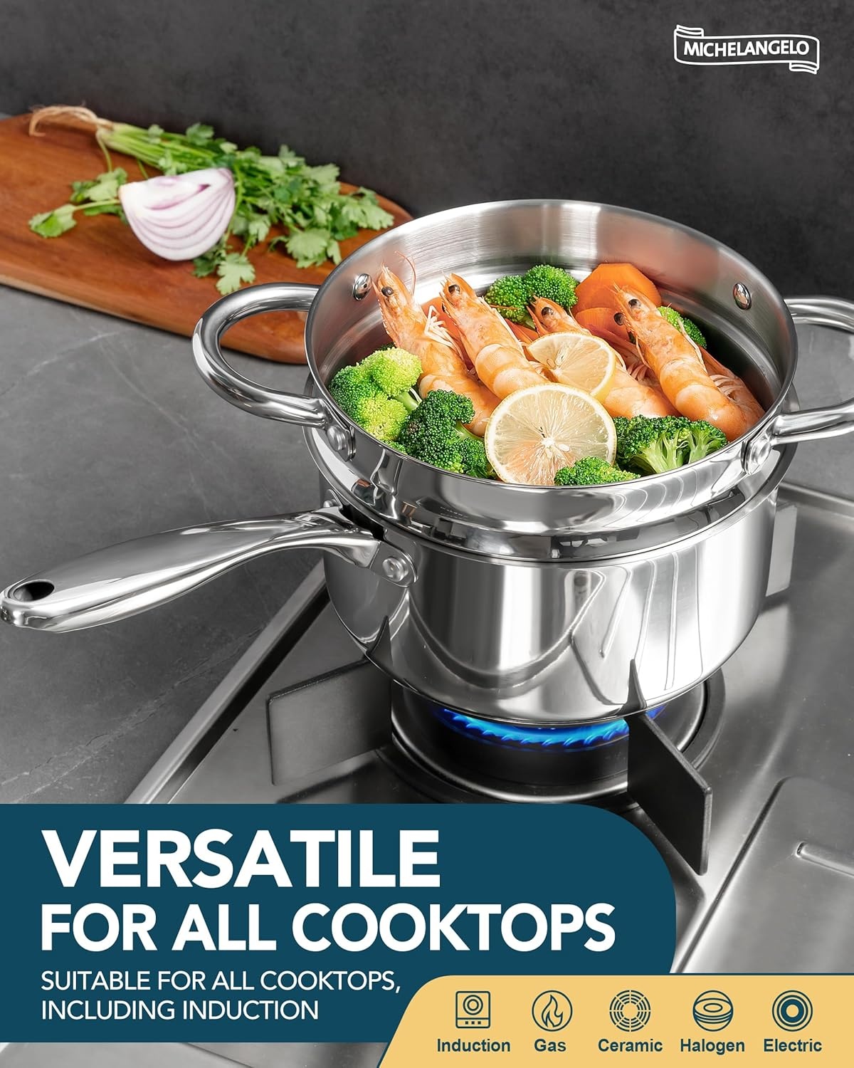 image:imageMICHELANGELO Saucepans with Lids amp Steamer 7Pcs Stainless Steel Pot Set with Triply Bottom 3 Quart Saucepan with Steamer 1810 Saucepan Set Induction Compatible 1QT amp 2QT amp 3QT1QT2QT