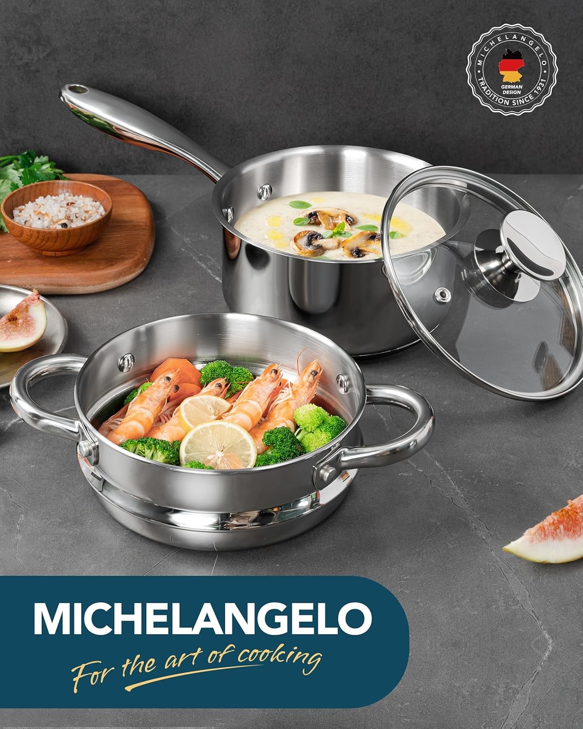 image:imageMICHELANGELO Saucepans with Lids amp Steamer 7Pcs Stainless Steel Pot Set with Triply Bottom 3 Quart Saucepan with Steamer 1810 Saucepan Set Induction Compatible 1QT amp 2QT amp 3QT15QT