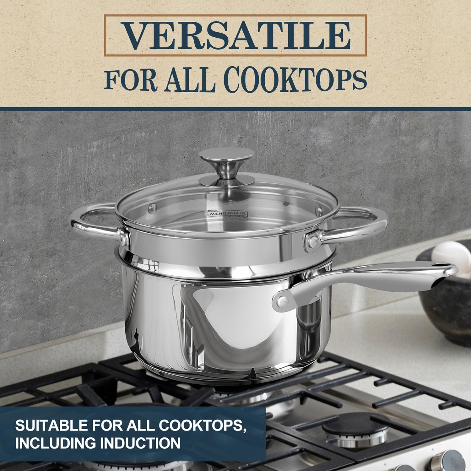 image:imageMICHELANGELO Saucepans with Lids amp Steamer 7Pcs Stainless Steel Pot Set with Triply Bottom 3 Quart Saucepan with Steamer 1810 Saucepan Set Induction Compatible 1QT amp 2QT amp 3QT3QT