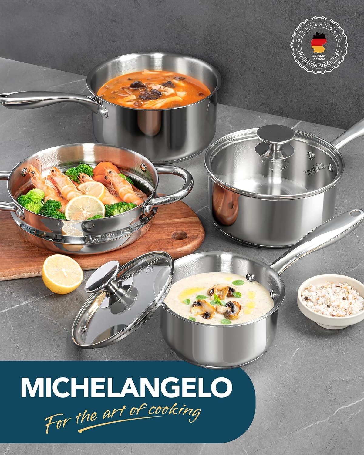 image:imageMICHELANGELO Saucepans with Lids amp Steamer 7Pcs Stainless Steel Pot Set with Triply Bottom 3 Quart Saucepan with Steamer 1810 Saucepan Set Induction Compatible 1QT amp 2QT amp 3QT1QT2QT3QT