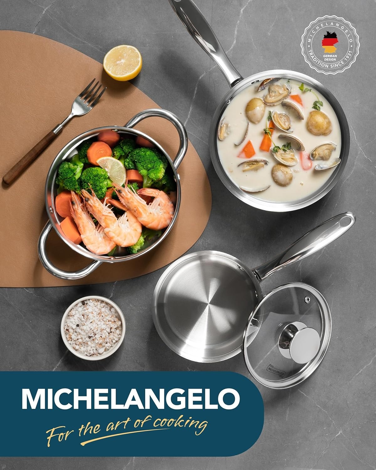 image:imageMICHELANGELO Saucepans with Lids amp Steamer 7Pcs Stainless Steel Pot Set with Triply Bottom 3 Quart Saucepan with Steamer 1810 Saucepan Set Induction Compatible 1QT amp 2QT amp 3QT1QT2QT