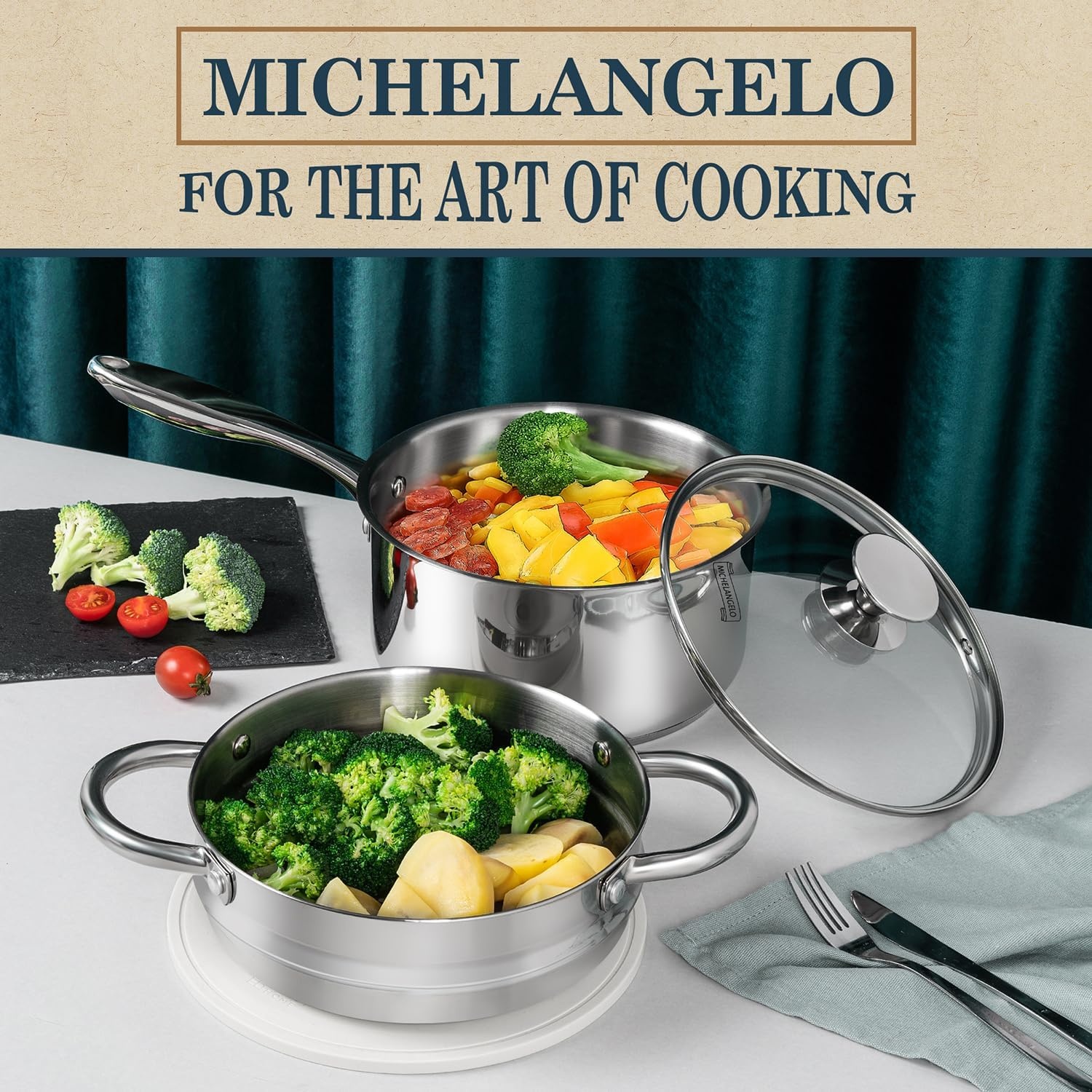 image:imageMICHELANGELO Saucepans with Lids amp Steamer 7Pcs Stainless Steel Pot Set with Triply Bottom 3 Quart Saucepan with Steamer 1810 Saucepan Set Induction Compatible 1QT amp 2QT amp 3QT3QT