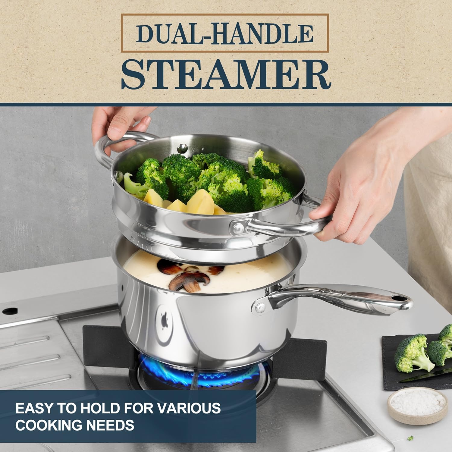 image:imageMICHELANGELO Saucepans with Lids amp Steamer 7Pcs Stainless Steel Pot Set with Triply Bottom 3 Quart Saucepan with Steamer 1810 Saucepan Set Induction Compatible 1QT amp 2QT amp 3QT3QT