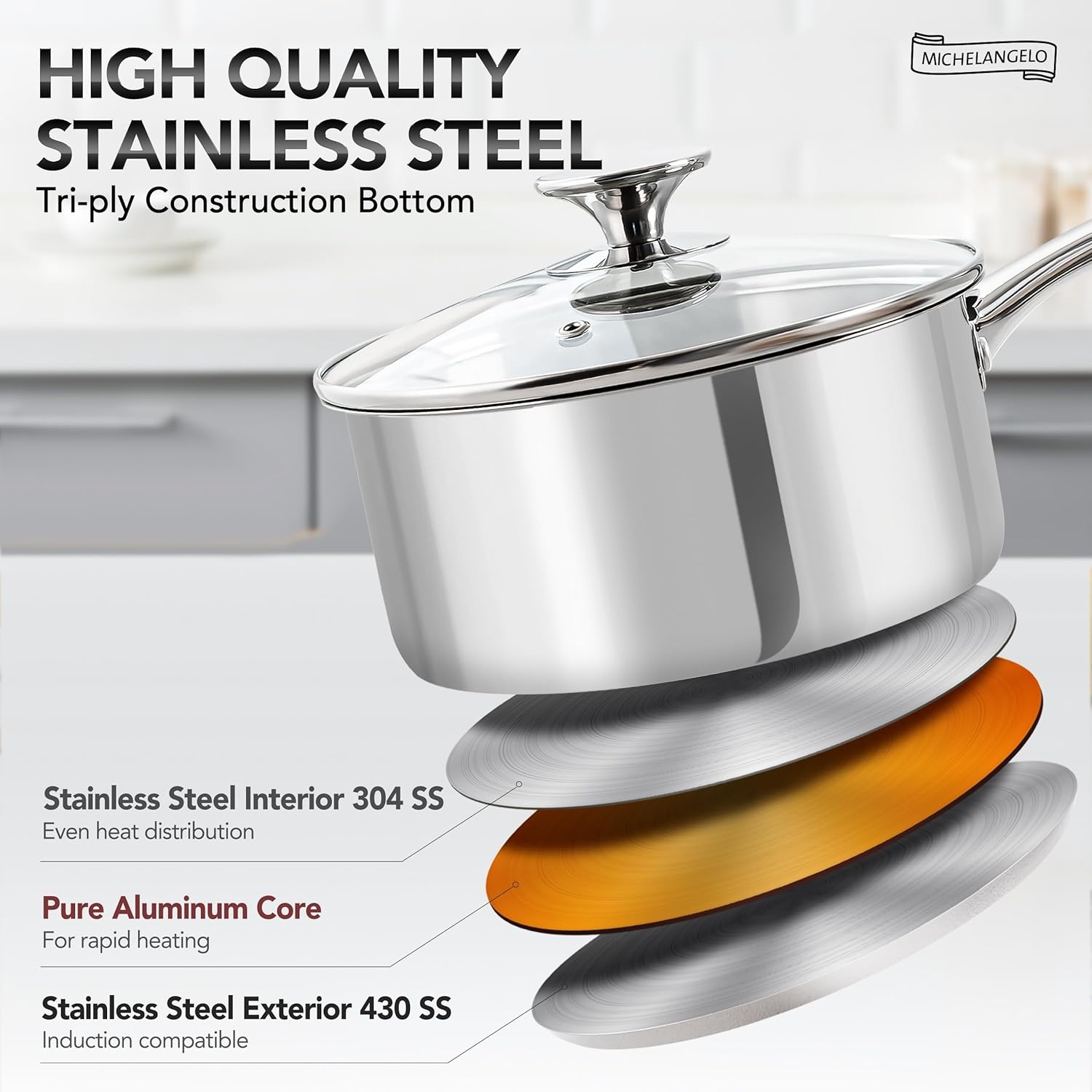 image:imageMICHELANGELO Stainless Steel Saucepan Set 1QT amp 3QT Saucepans with Lids Nonstick Sauce Pan with Lid Stainless Steel Pot Set 4 Pieces Dishwasher Safe Induction CompatibleTriPly Bottom