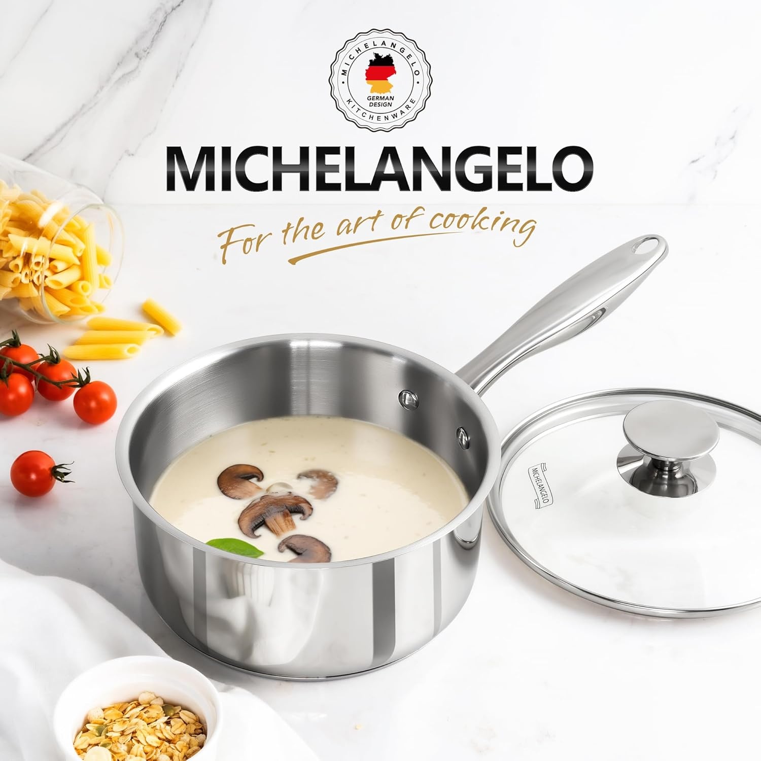 image:imageMICHELANGELO Stainless Steel Saucepan Set 1QT amp 3QT Saucepans with Lids Nonstick Sauce Pan with Lid Stainless Steel Pot Set 4 Pieces Dishwasher Safe Induction CompatibleTriPly Bottom